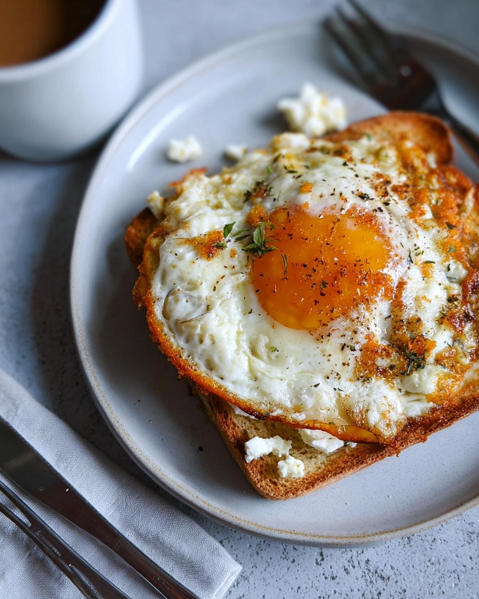 A close-up of crispy feta fried eggs served on toasted bread, seasoned with herbs.