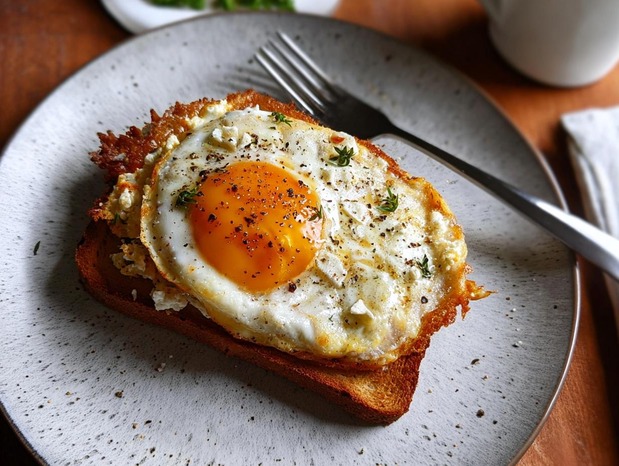 A perfectly fried egg with a runny yolk sits atop crispy feta cheese and toast, seasoned with herbs and pepper.