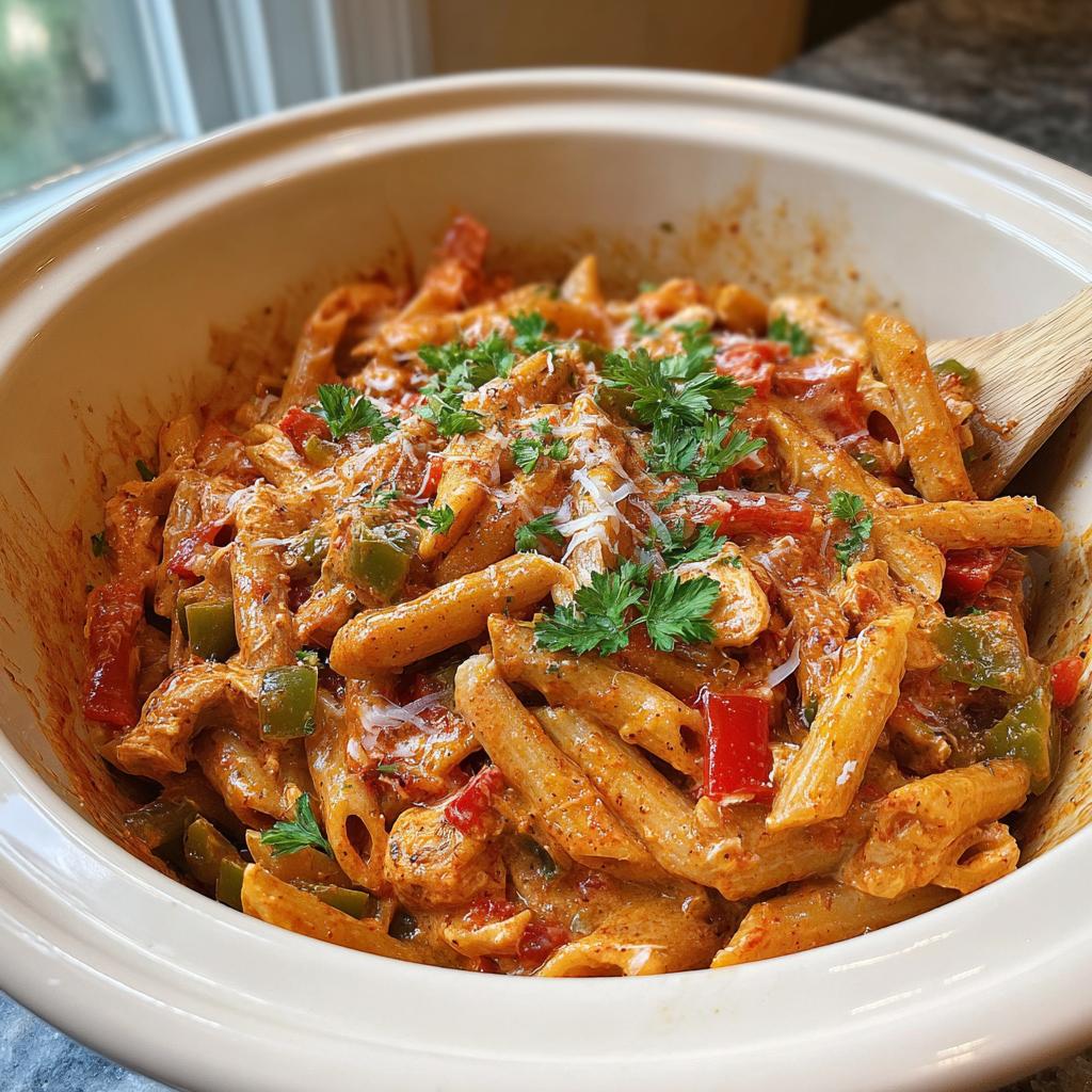 A bowl of Crock Pot Creamy Cajun Chicken Pasta with penne, chicken, bell peppers, and parsley.
