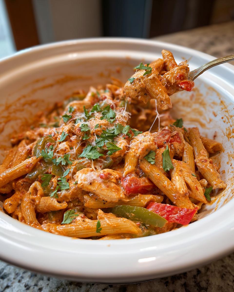 A fork lifting a serving of Crock Pot Creamy Cajun Chicken Pasta from a white bowl, showing penne pasta, chicken, peppers, and creamy sauce.