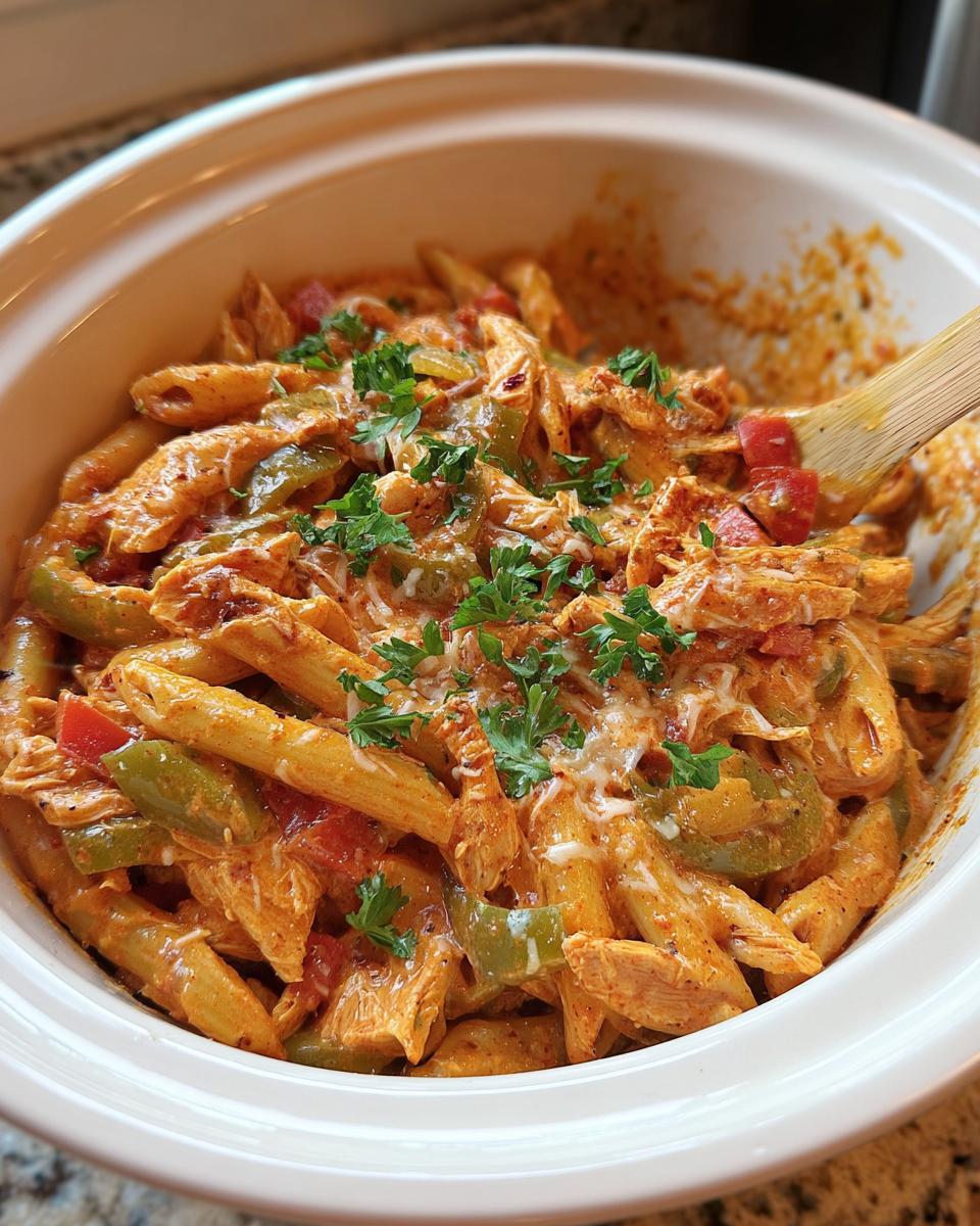 A bowl of Crock Pot Creamy Cajun Chicken Pasta with penne, chicken, bell peppers, and parsley.