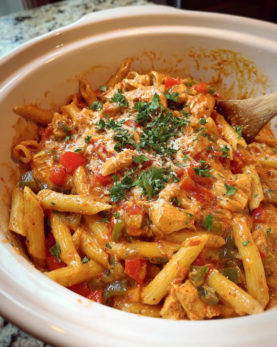 Close-up of Crock Pot Creamy Cajun Chicken Pasta with penne pasta, chicken, bell peppers, and parsley.