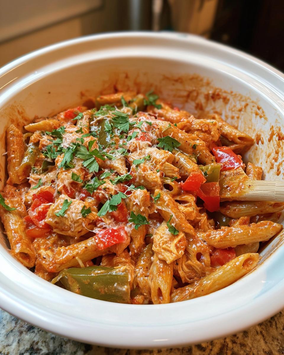 A close-up of Crock Pot Creamy Cajun Chicken Pasta in a white serving dish, topped with parsley and cheese.