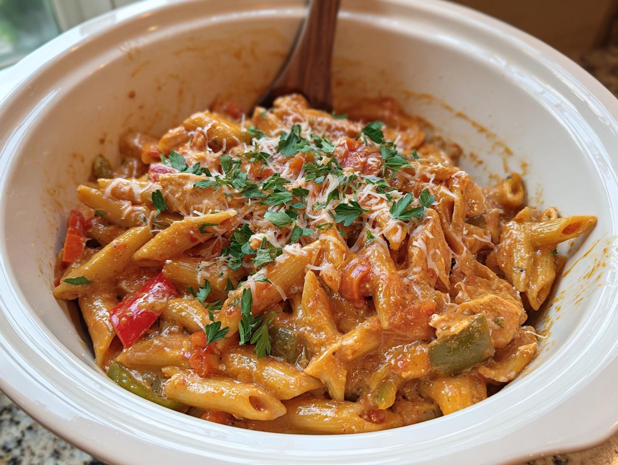 A close-up of Crock Pot Creamy Cajun Chicken Pasta in a white slow cooker, garnished with parsley and cheese.