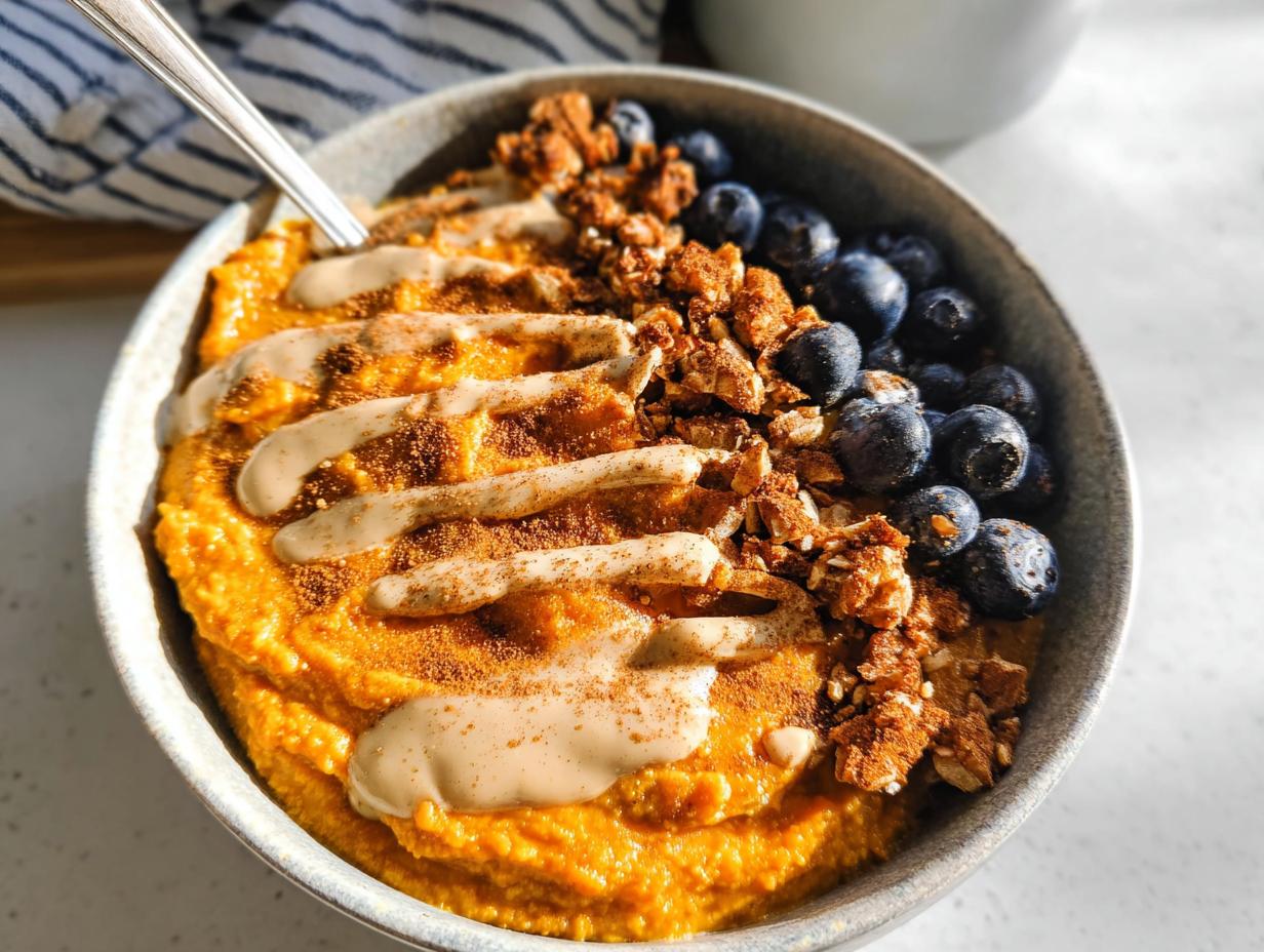A close-up of a Delicious Sweet Potato Breakfast Bowl topped with blueberries, granola, and a drizzle of tahini.