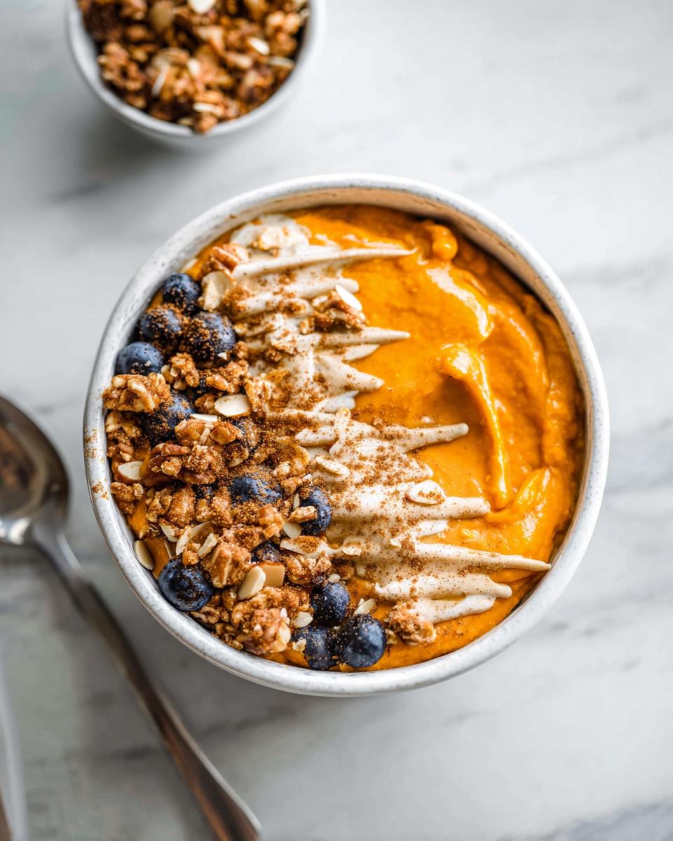 Close-up of a Delicious Sweet Potato Breakfast Bowl topped with blueberries, granola, and a drizzle of yogurt.