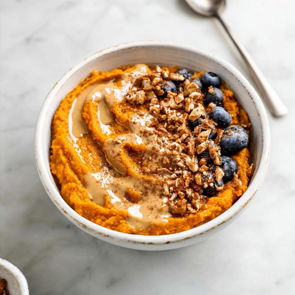 A close-up of a Delicious Sweet Potato Breakfast Bowl topped with peanut butter, blueberries, and granola.