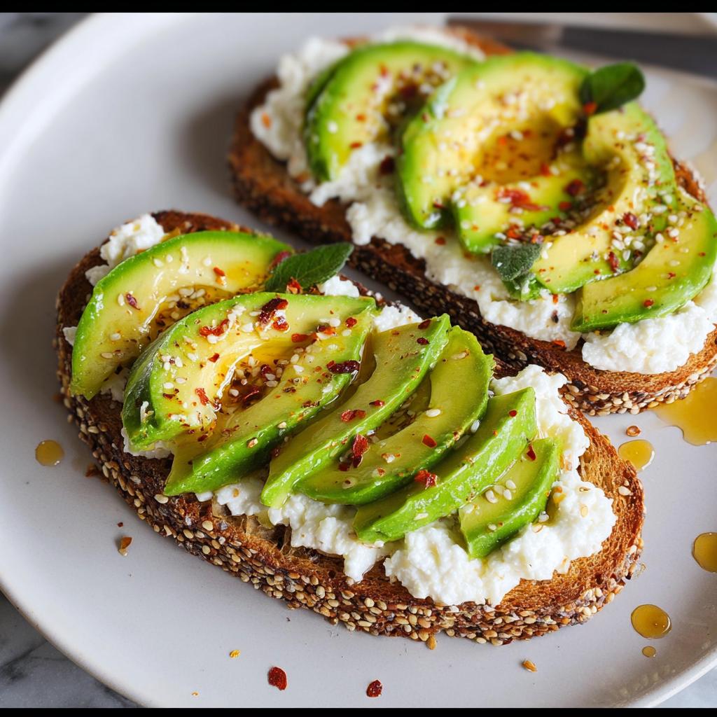 Two slices of EASY Avocado Toast with cottage cheese, sliced avocado, honey, and chili flakes.