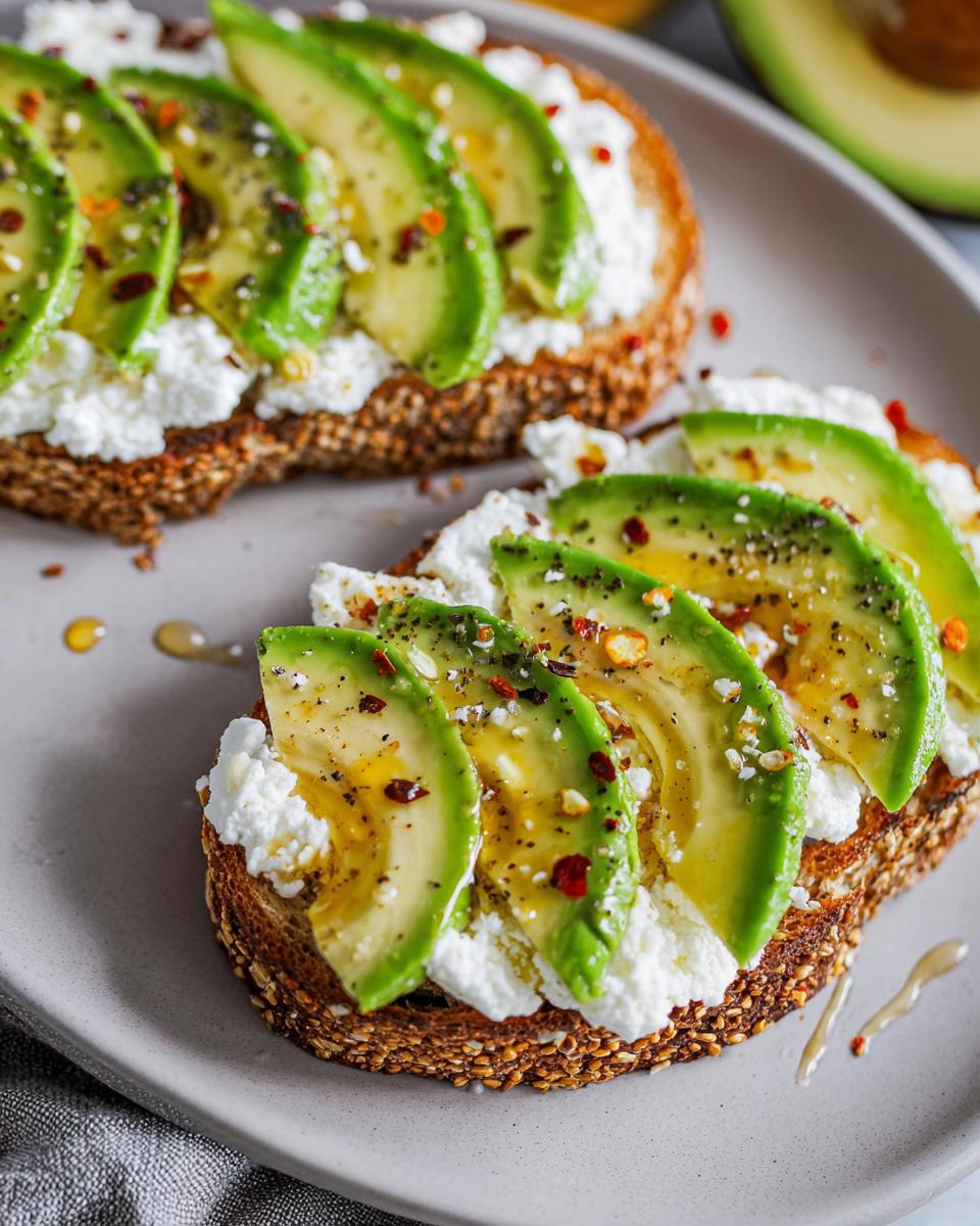 Close-up of EASY Avocado Toast with cottage cheese, sliced avocado, honey drizzle, and chili flakes.