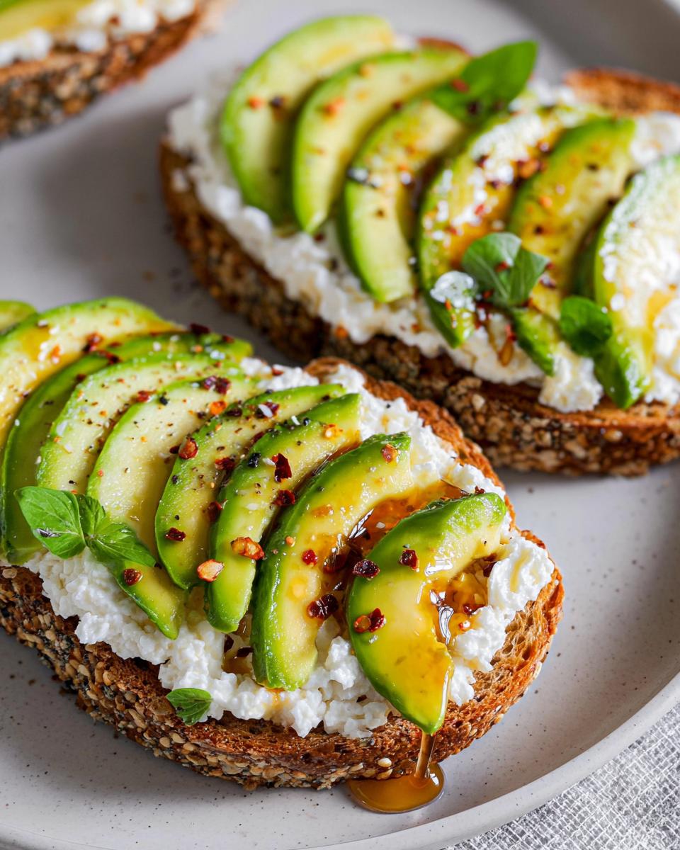 Close-up of EASY Avocado Toast with cottage cheese, sliced avocado, honey drizzle, and chili flakes.