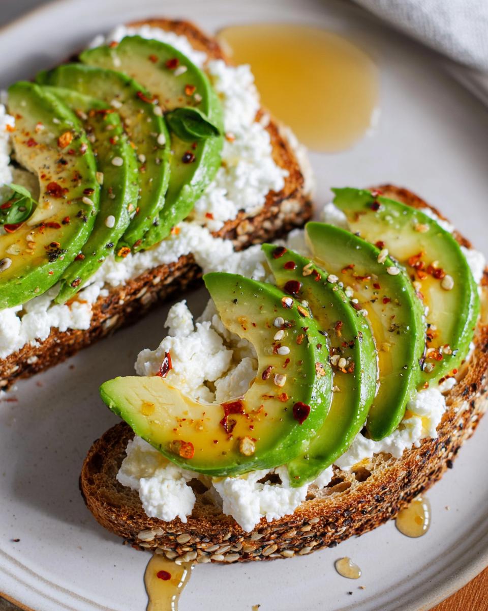 Close-up of EASY Avocado Toast with Cottage Cheese & Honey, topped with sliced avocado, chili flakes, and fresh herbs.