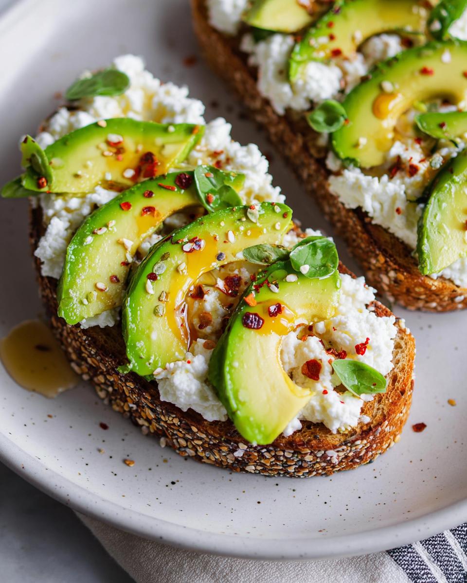 Close-up of EASY Avocado Toast with Cottage Cheese & Honey, topped with fresh avocado slices, herbs, and chili flakes.