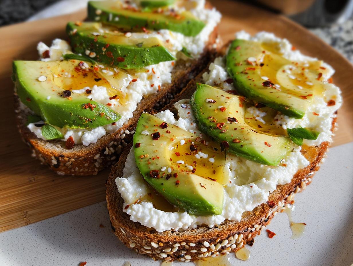 Close-up of EASY Avocado Toast with cottage cheese, sliced avocado, honey, and chili flakes on whole-grain bread.