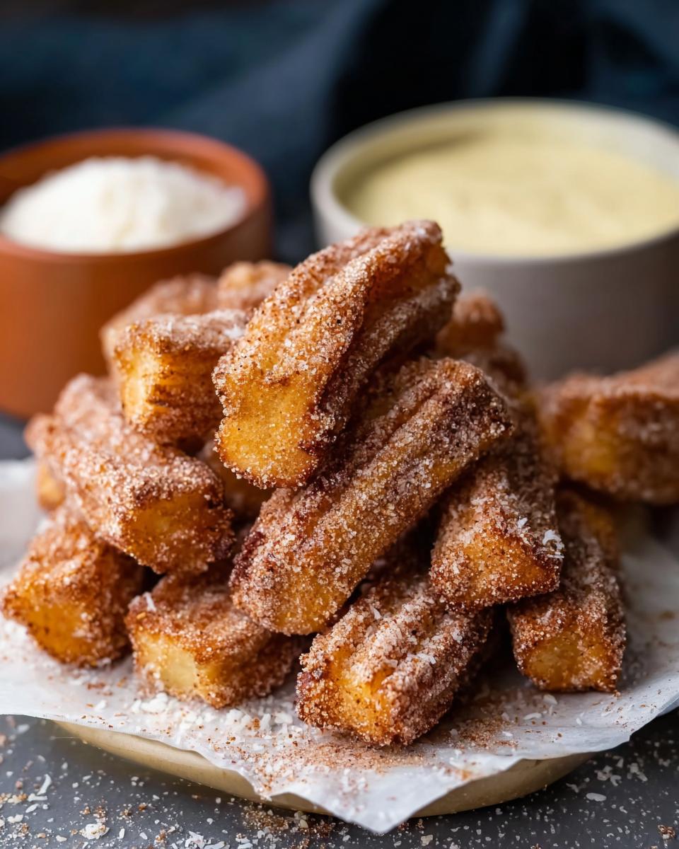 A close-up shot of a pile of Easy Baked Churro Bites coated in cinnamon sugar, with dipping sauces in the background.