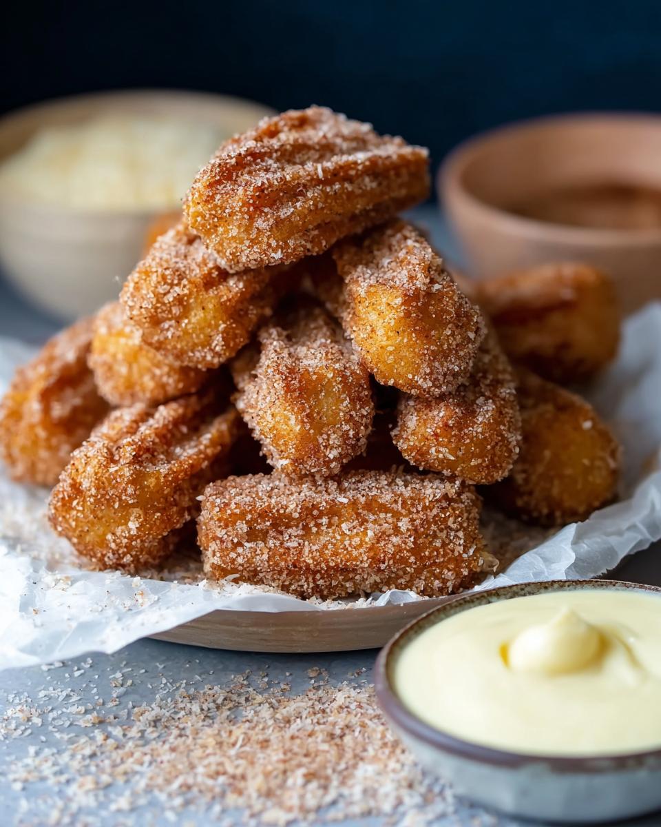 A close-up shot of a pile of Easy Baked Churro Bites, coated in cinnamon sugar, with a side of dipping sauce.
