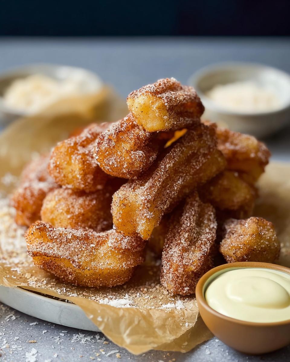 A close-up of a pile of golden brown Easy Baked Churro Bites dusted with cinnamon sugar, served with a small bowl of dipping sauce.