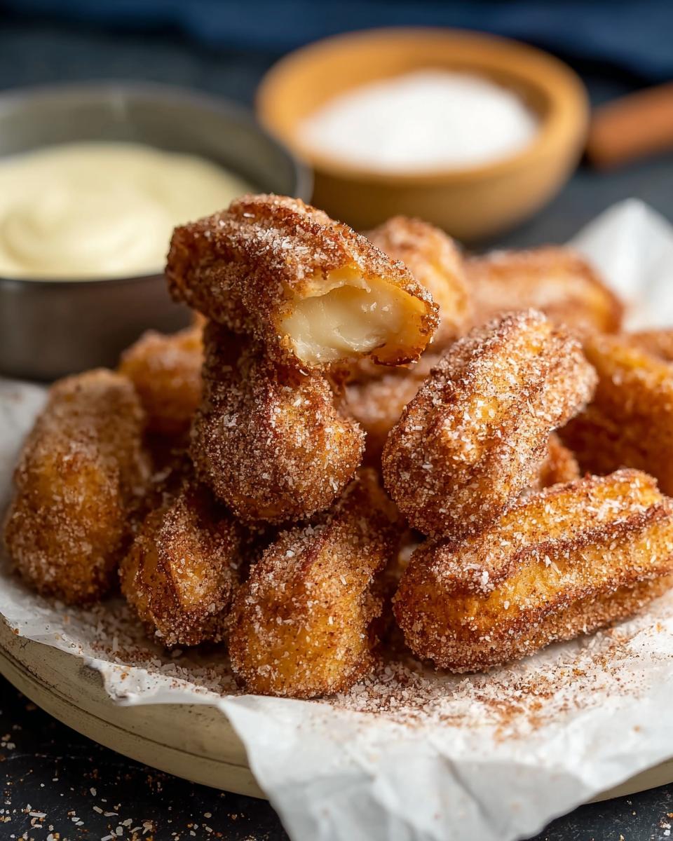 A pile of Easy Baked Churro Bites coated in cinnamon sugar, with one bitten open to reveal a creamy filling.