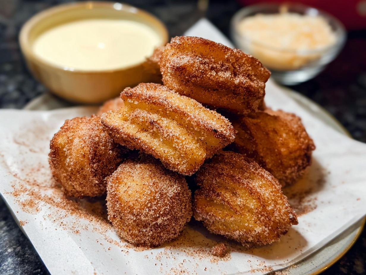 A pile of golden-brown Easy Baked Churro Bites coated in cinnamon sugar, with a bowl of dipping sauce in the background.