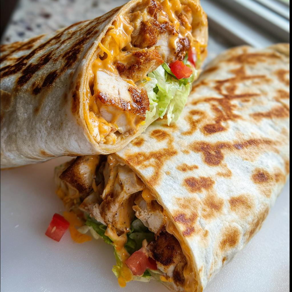 A delicious Easy Chipotle Ranch Grilled Chicken Burrito, cut in half, showing juicy chicken, cheese, lettuce, and tomato.