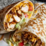 A delicious Easy Chipotle Ranch Grilled Chicken Burrito, cut in half to show grilled chicken, cheese, lettuce, and tomato.