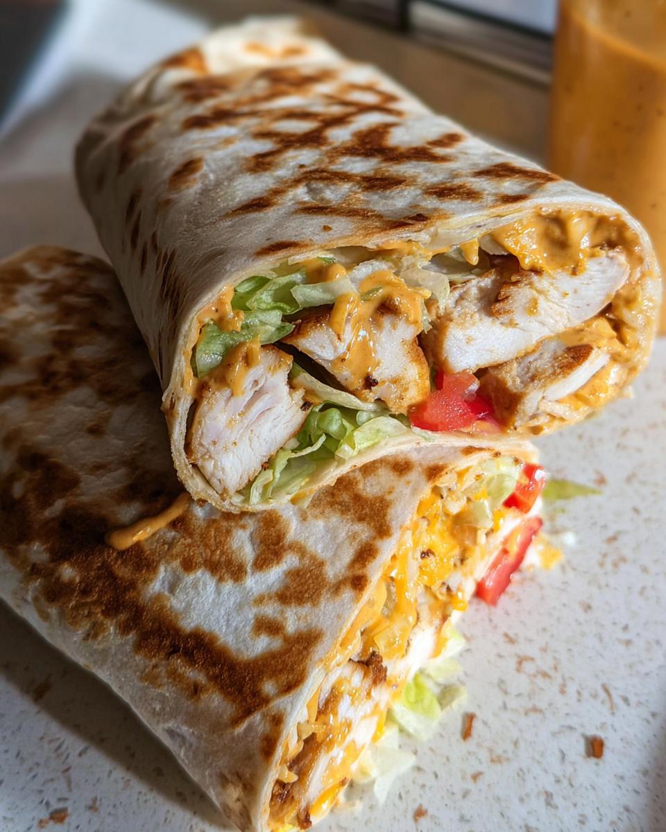 A cross-section of an Easy Chipotle Ranch Grilled Chicken Burrito showing grilled chicken, lettuce, tomato, cheese, and chipotle ranch sauce.