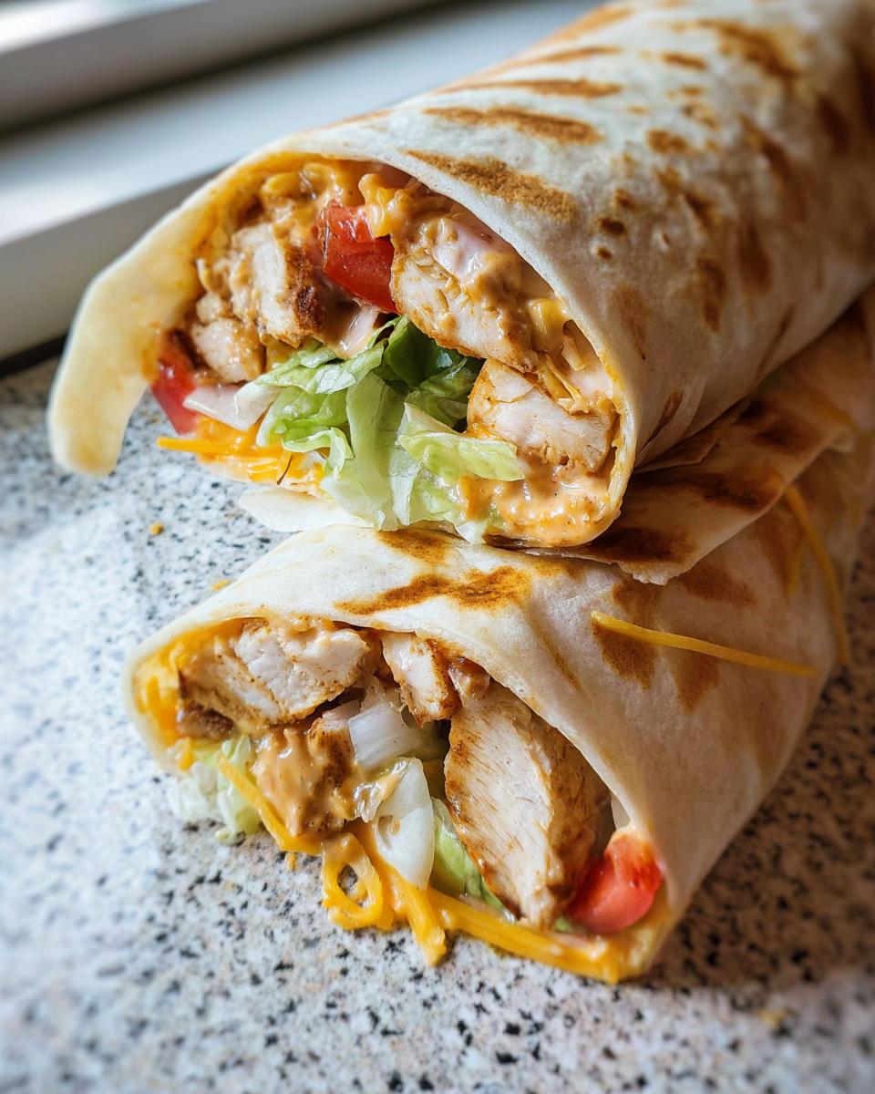 Close-up of an Easy Chipotle Ranch Grilled Chicken Burrito filled with chicken, lettuce, tomato, cheese, and sauce.