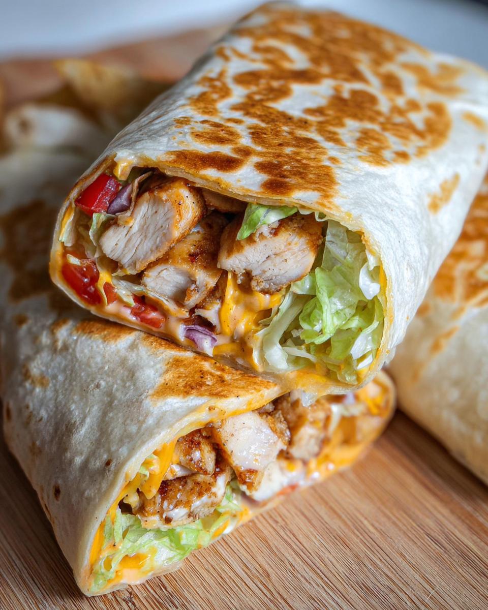 Close-up of an Easy Chipotle Ranch Grilled Chicken Burrito cut in half, showing grilled chicken, lettuce, cheese, and sauce.