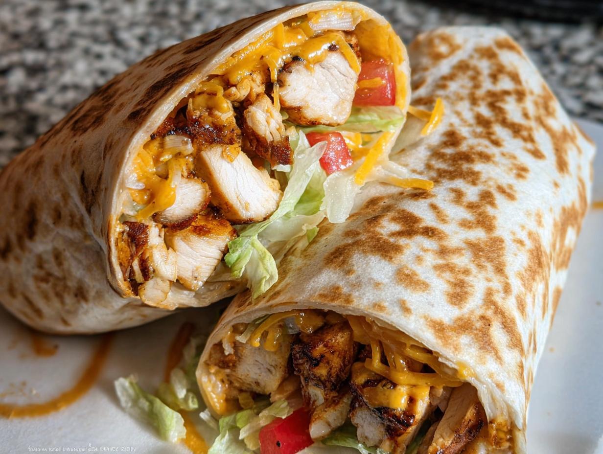 A delicious Easy Chipotle Ranch Grilled Chicken Burrito, cut in half to show grilled chicken, cheese, lettuce, and tomato.