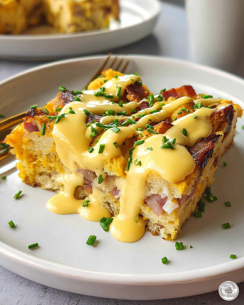 A slice of Easy Eggs Benedict Casserole topped with creamy hollandaise sauce and fresh chives.