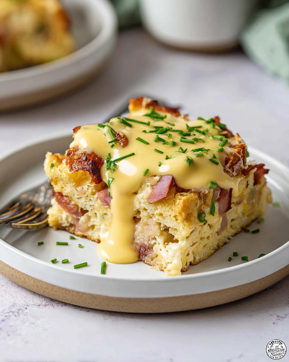 A slice of Easy Eggs Benedict Casserole topped with creamy hollandaise sauce and fresh chives.