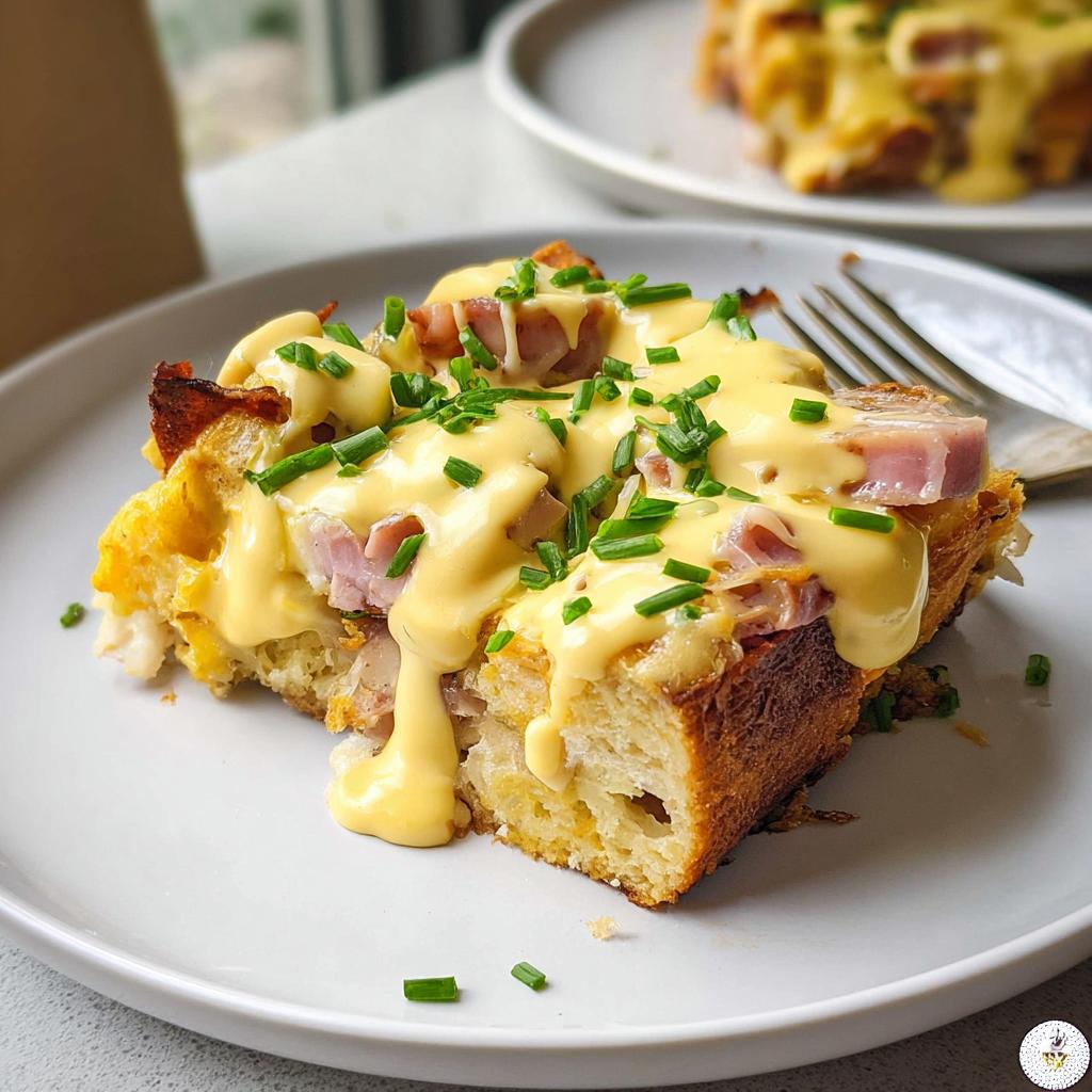 A delicious slice of Easy Eggs Benedict Casserole topped with creamy hollandaise and fresh chives.