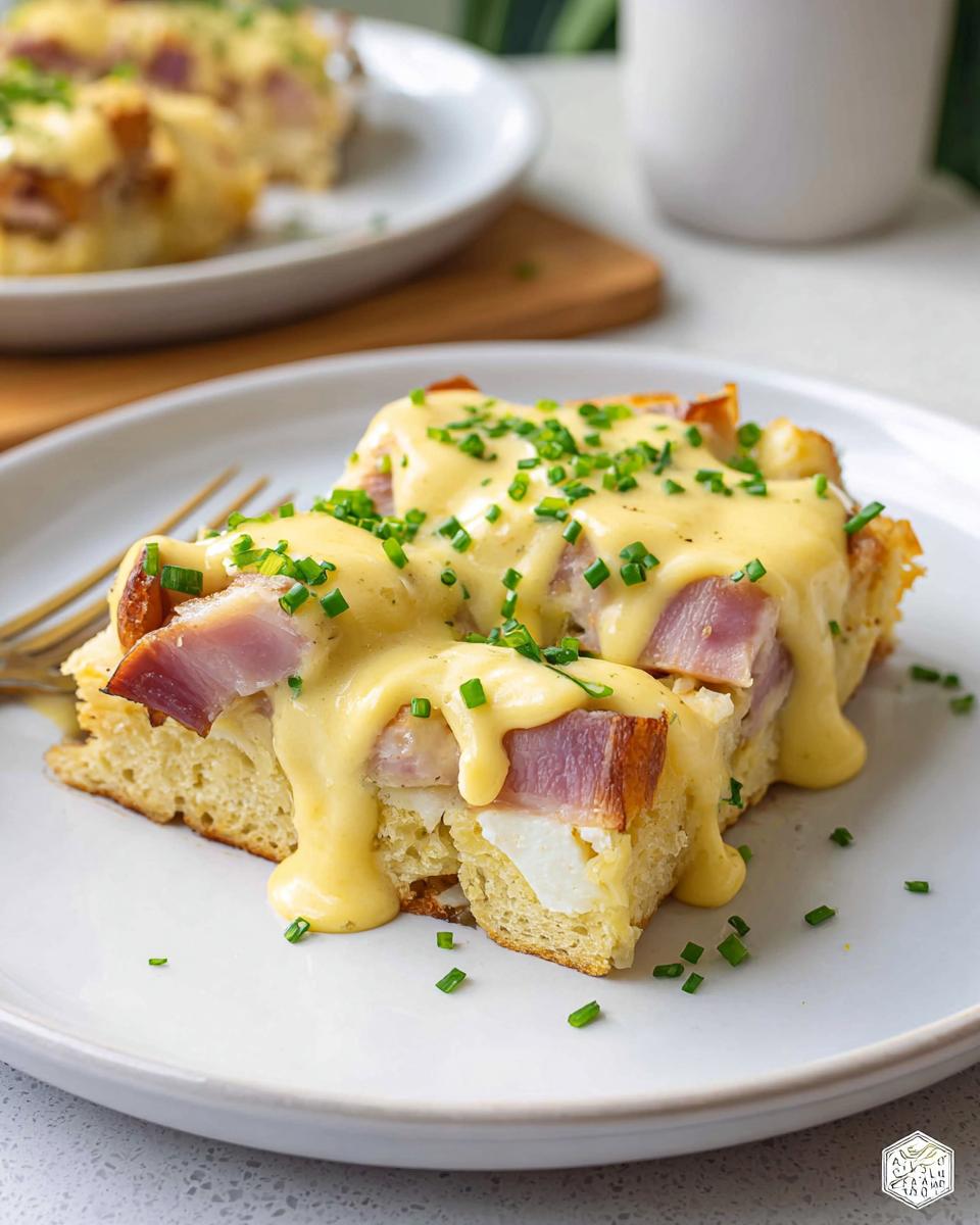 A slice of easy Eggs Benedict Casserole topped with creamy hollandaise sauce and chives.