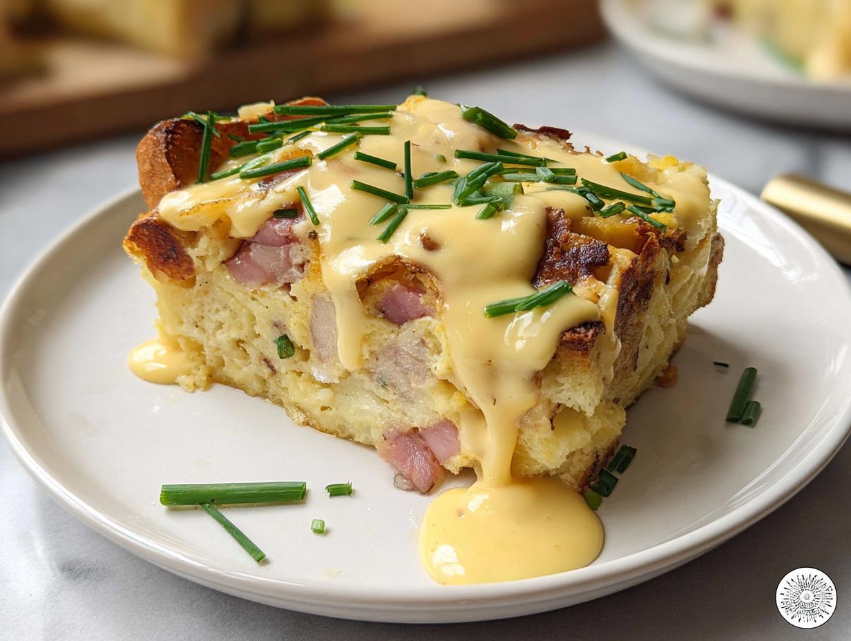 A delicious slice of Easy Eggs Benedict Casserole topped with hollandaise sauce and chives.