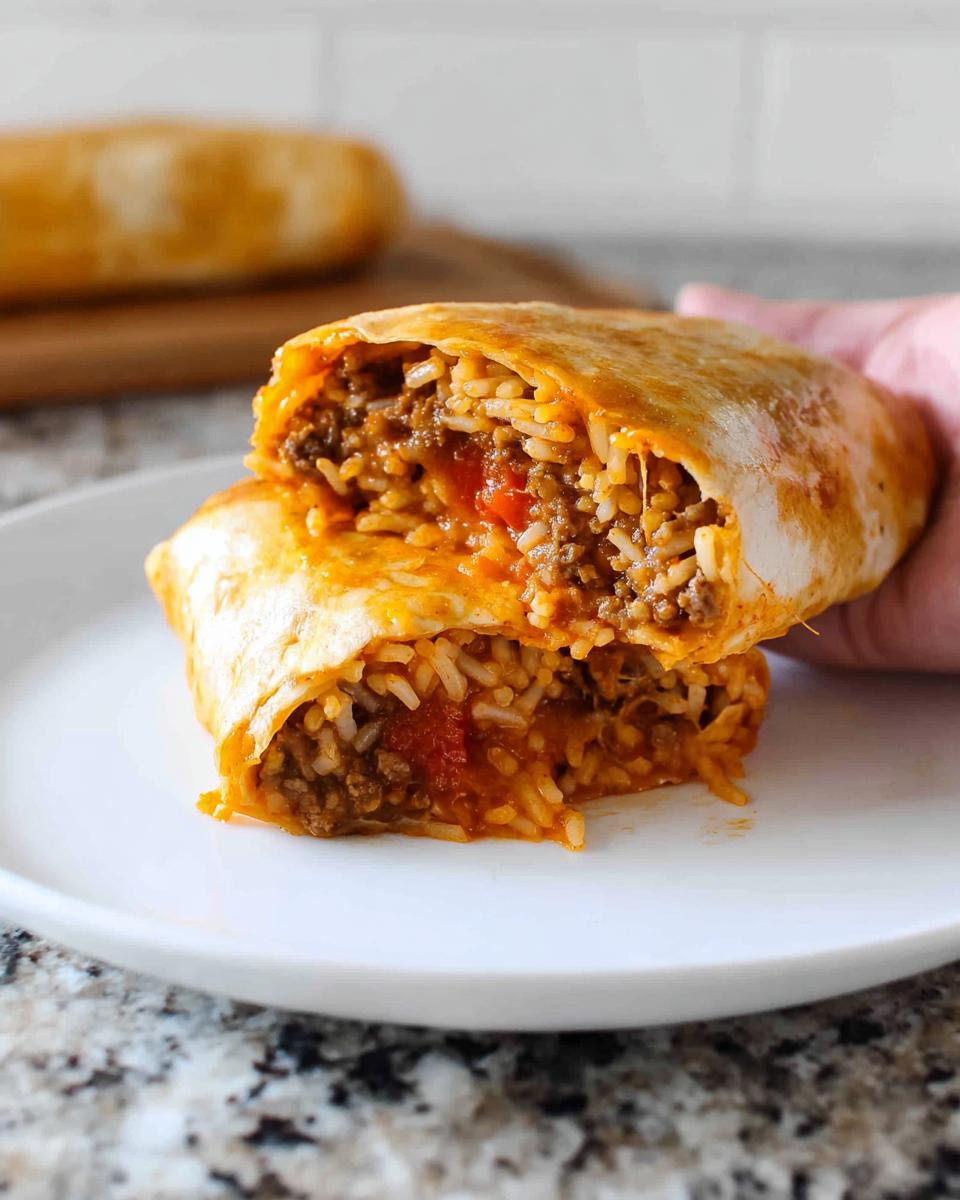 A close-up of a cut-open Easy Grilled Cheese Burrito Copycat Recipe, showing the savory meat and rice filling.