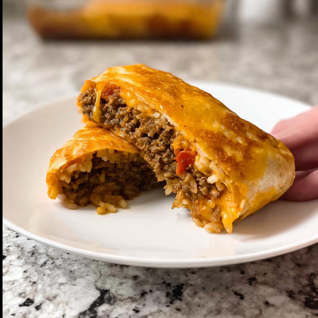 A close-up of a halved Easy Grilled Cheese Burrito Copycat Recipe, showing the savory ground beef and rice filling with melted cheese.