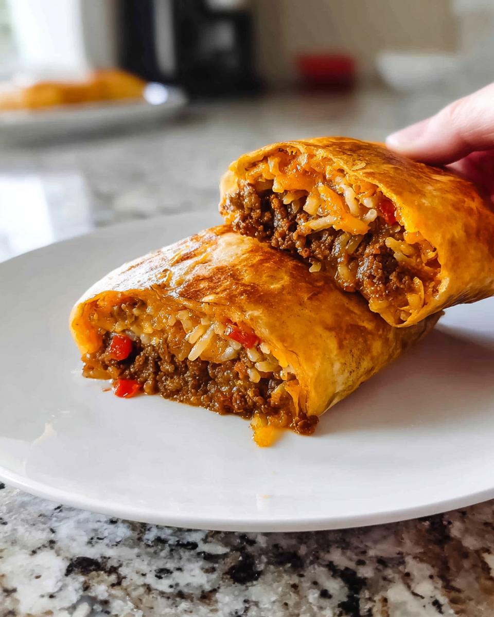 A halved Easy Grilled Cheese Burrito Copycat Recipe filled with seasoned ground beef, rice, and red peppers.