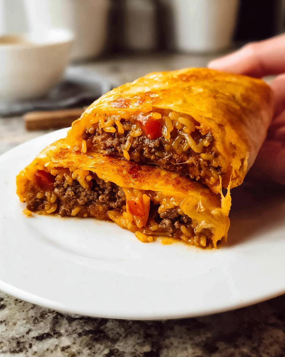A close-up of a sliced Easy Grilled Cheese Burrito Copycat Recipe, showing the savory meat and rice filling with melted cheese.