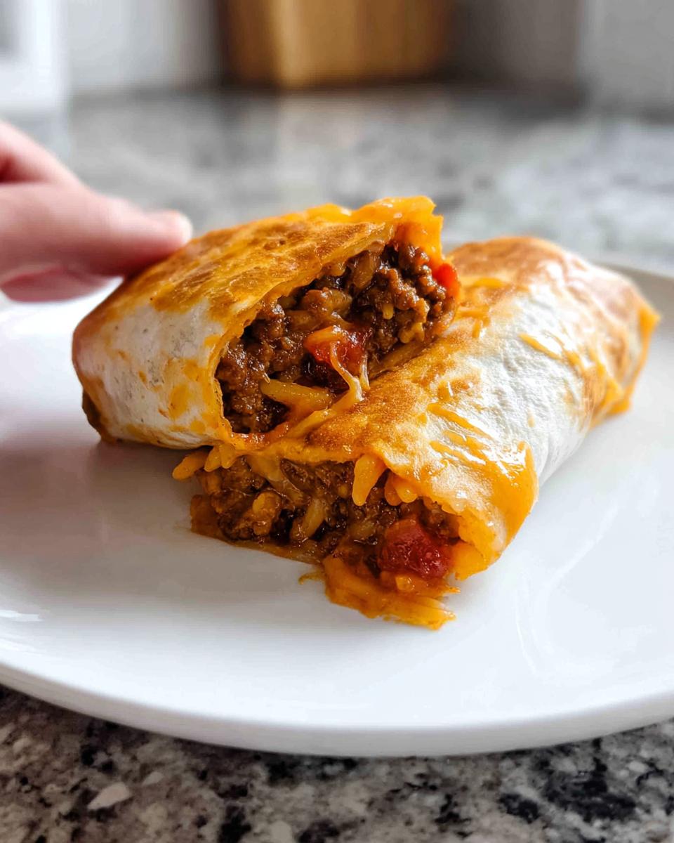 A close-up of a halved Easy Grilled Cheese Burrito Copycat Recipe, showing seasoned ground beef, rice, and melted cheese filling.