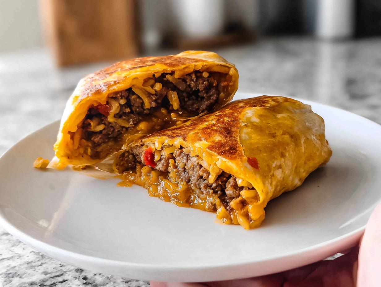 A split Easy Grilled Cheese Burrito Copycat Recipe showing seasoned ground beef, rice, and melted cheese inside a golden-brown tortilla.
