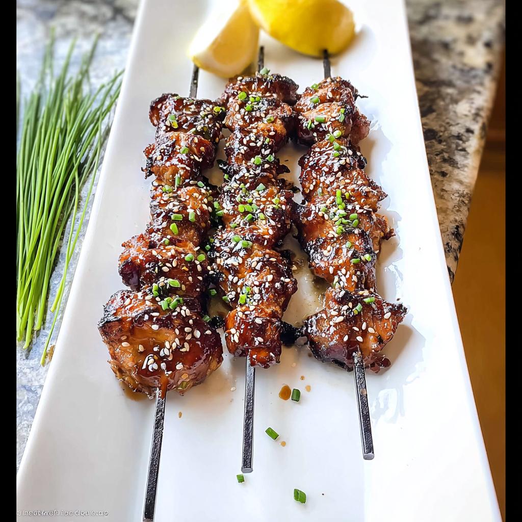 Close-up of three skewers of Easy Japanese Chicken Yakitori, glazed and topped with sesame seeds and chives.