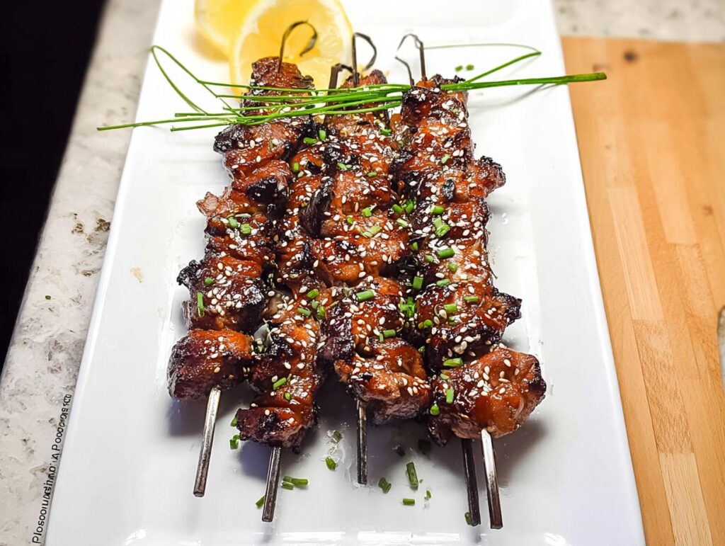 Close-up of three Easy Japanese Chicken Yakitori Skewers on a white plate, garnished with sesame seeds and chives.