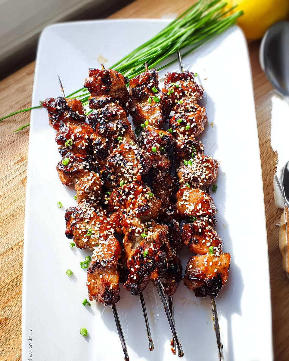 A platter of glistening Easy Japanese Chicken Yakitori Skewers, sprinkled with sesame seeds and chives.