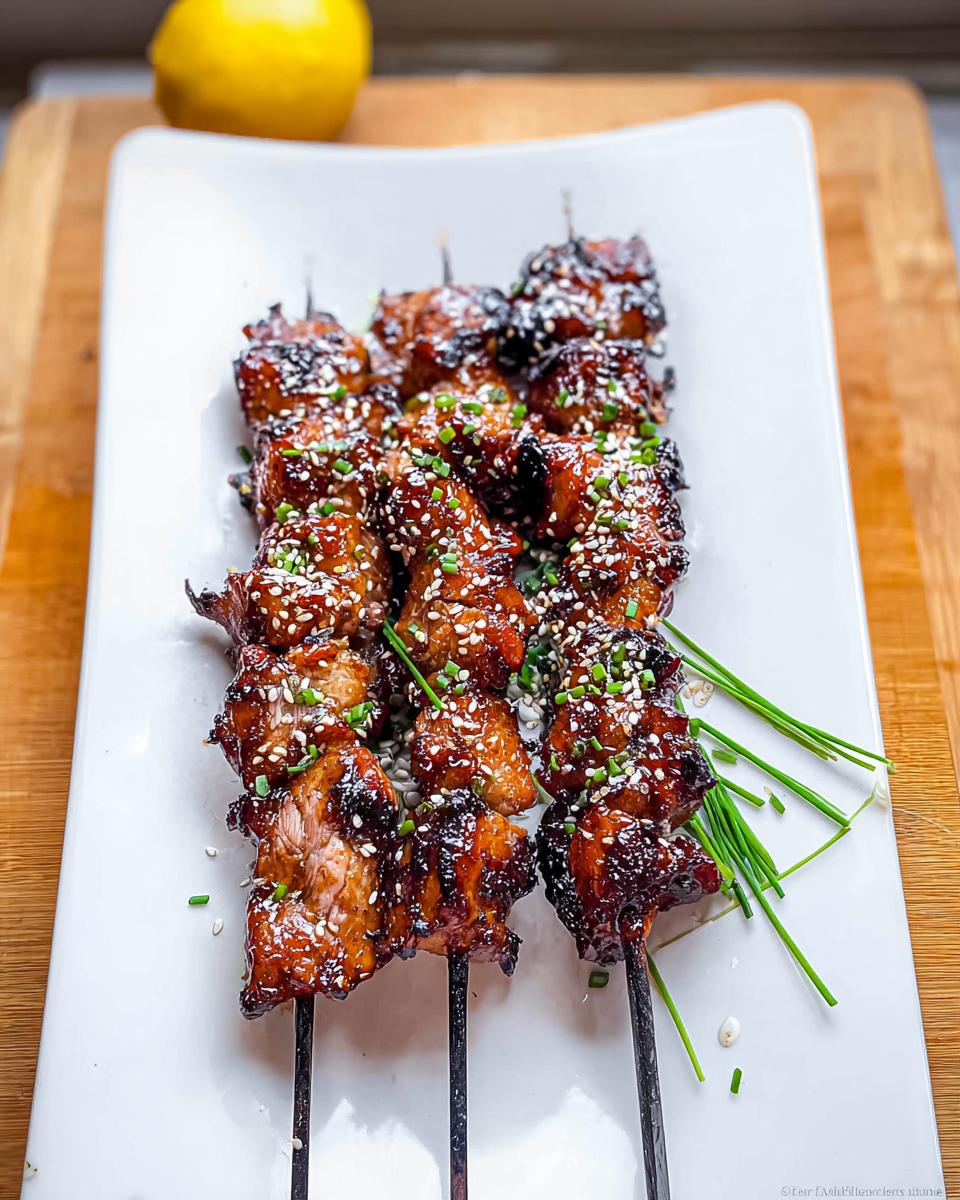 Close-up of Easy Japanese Chicken Yakitori skewers, glazed and sprinkled with sesame seeds and chives.