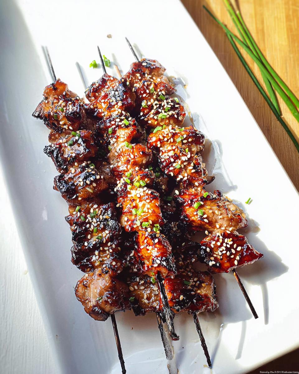 Close-up of Easy Japanese Chicken Yakitori Skewers glazed with teriyaki sauce and sprinkled with sesame seeds and chives.