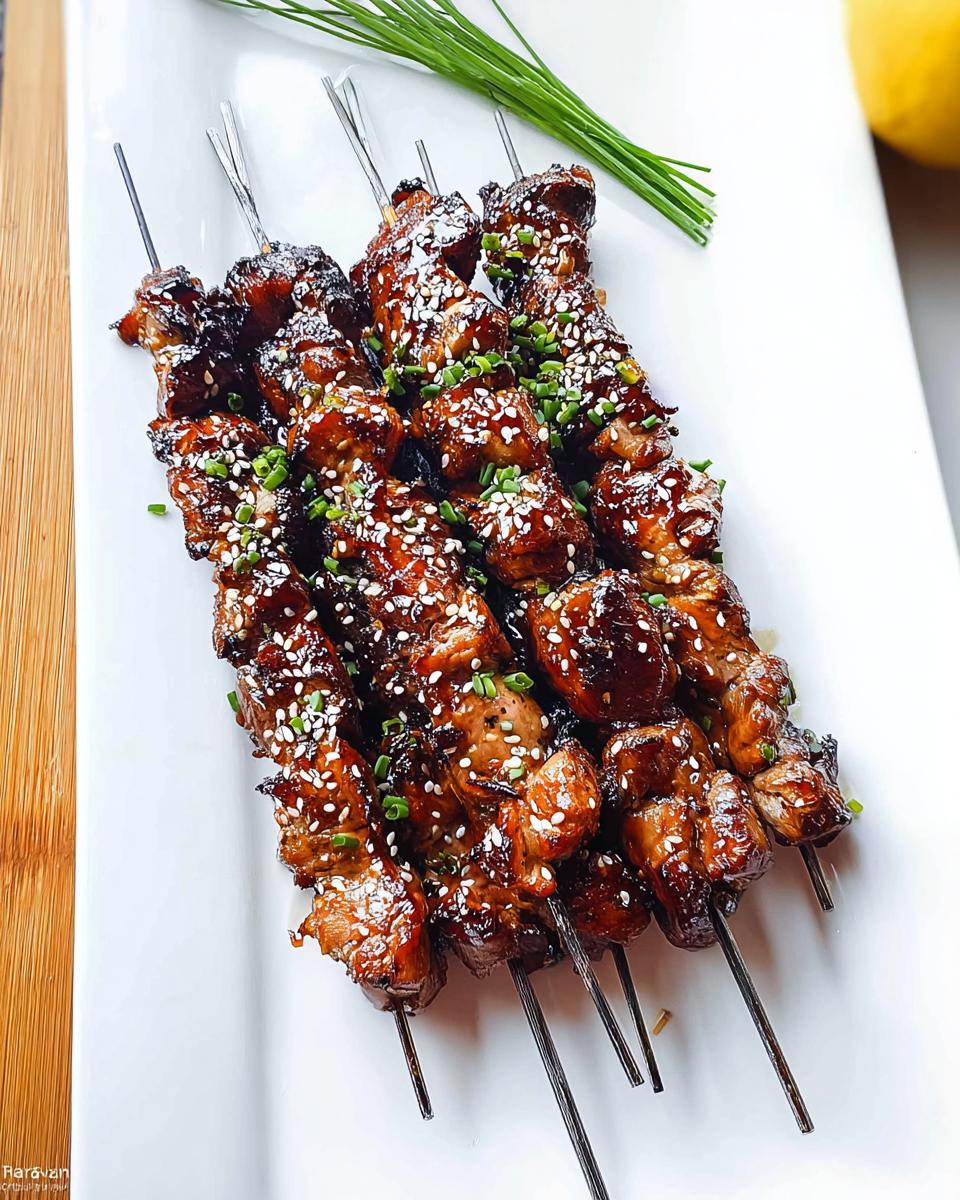 A platter of delicious Easy Japanese Chicken Yakitori Skewers, glazed and sprinkled with sesame seeds and chives.