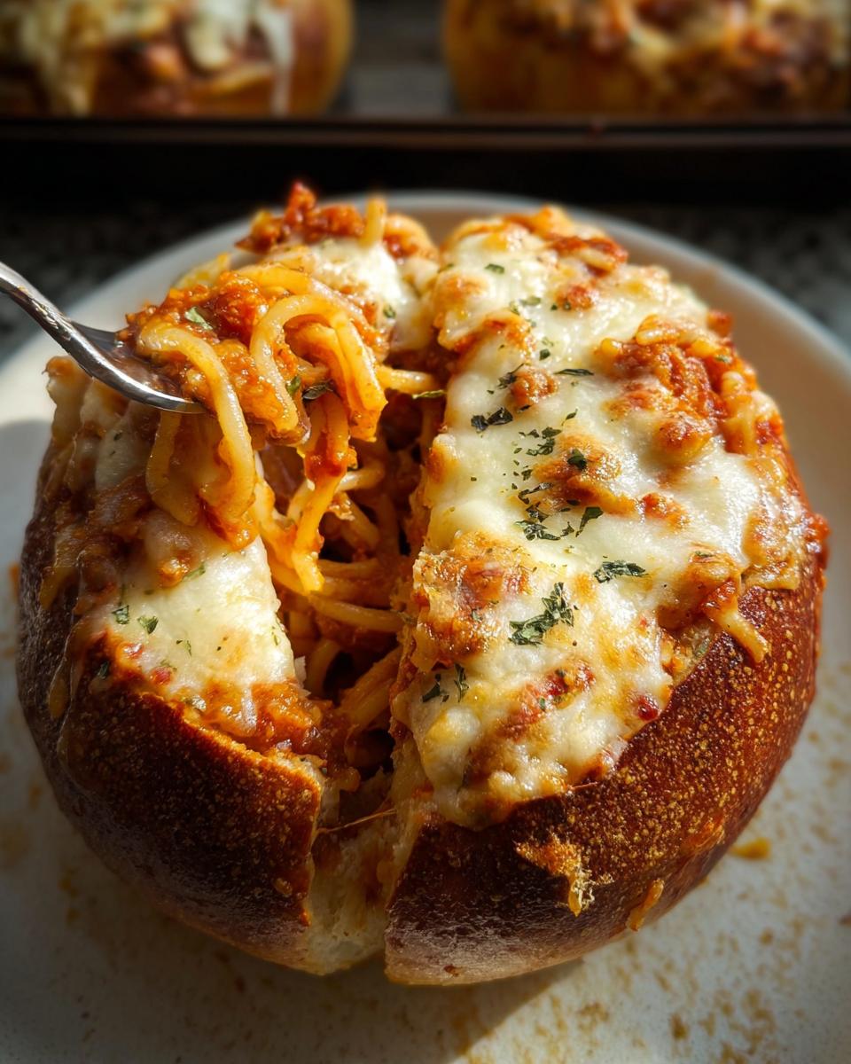 A fork lifting spaghetti from an Easy Spaghetti Garlic Bread Bowl topped with melted cheese and herbs.
