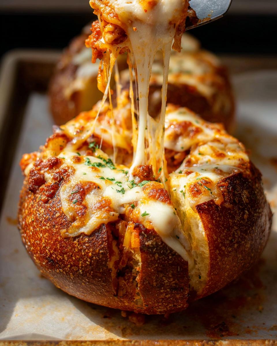 A fork pulling cheesy spaghetti from an Easy Spaghetti Garlic Bread Bowl, showing gooey melted cheese.