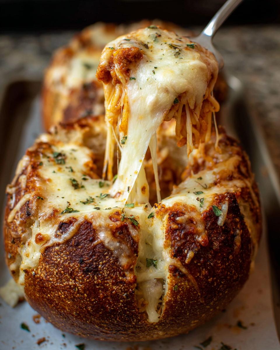 A fork lifts a generous portion of spaghetti from an Easy Spaghetti Garlic Bread Bowl, showcasing gooey melted cheese.