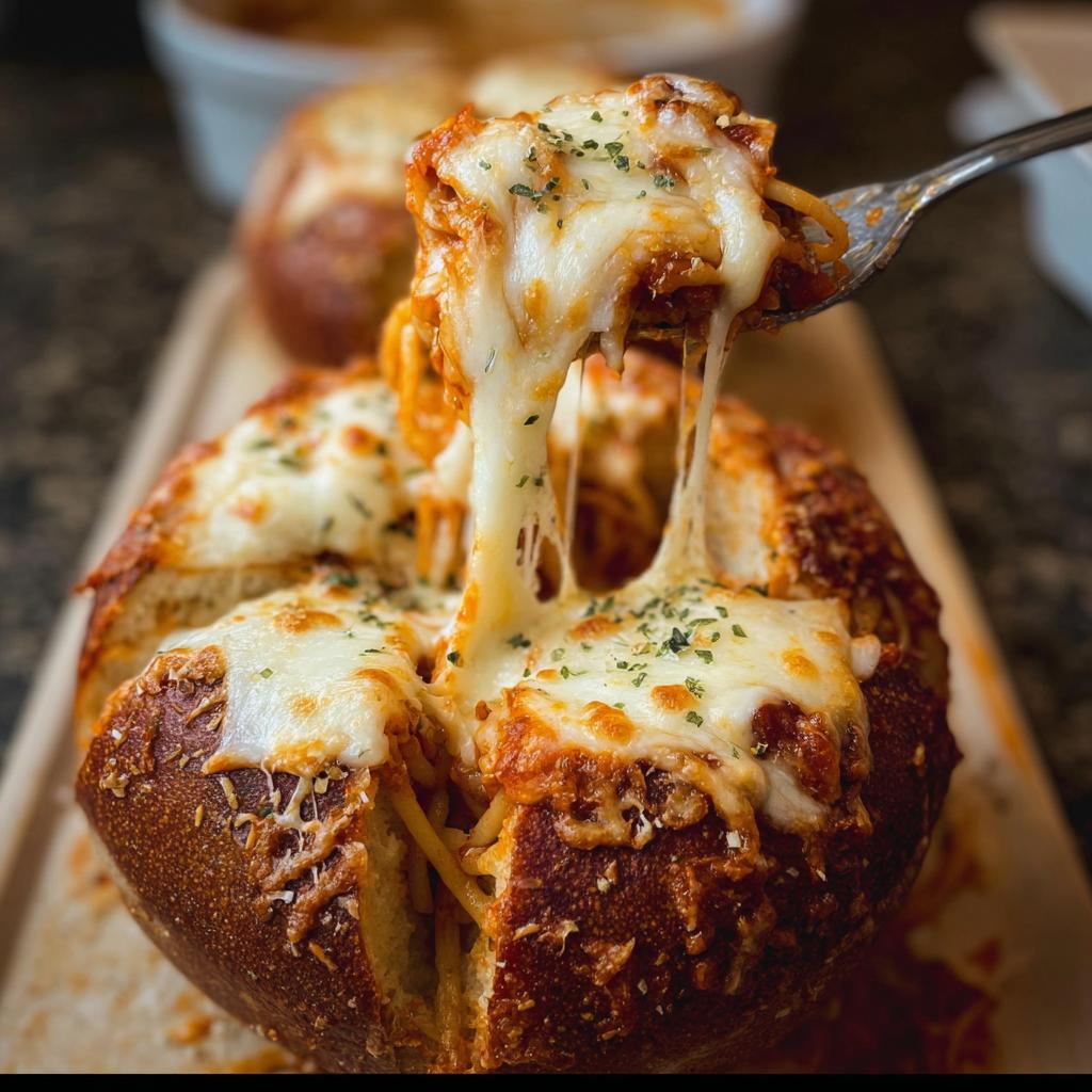 A fork pulling a cheesy bite from an Easy Spaghetti Garlic Bread Bowl, showing gooey melted cheese.