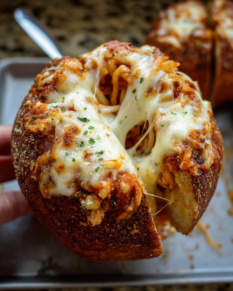 A close-up of an Easy Spaghetti Garlic Bread Bowl overflowing with pasta and gooey melted cheese.